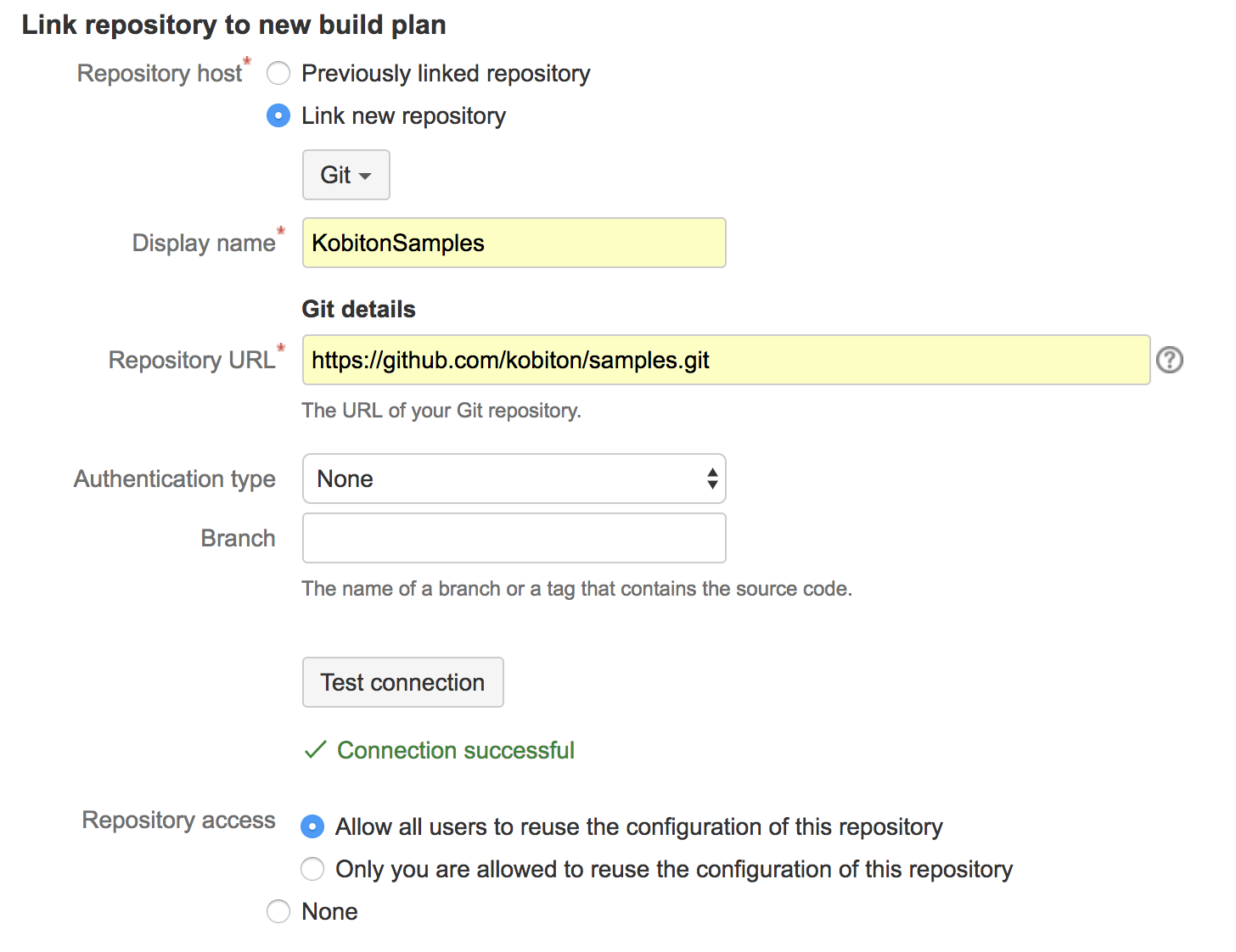 Screenshot for Link repository to a new build plan