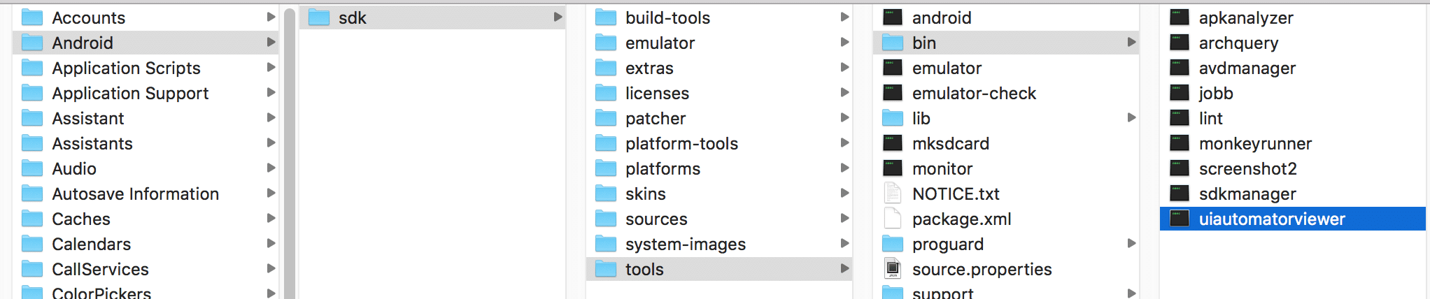 Image of finding uiautomatorviewer folder