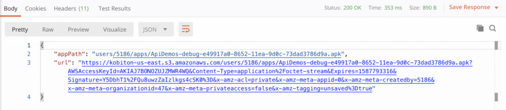 Screen shot of code that is the response status code 200