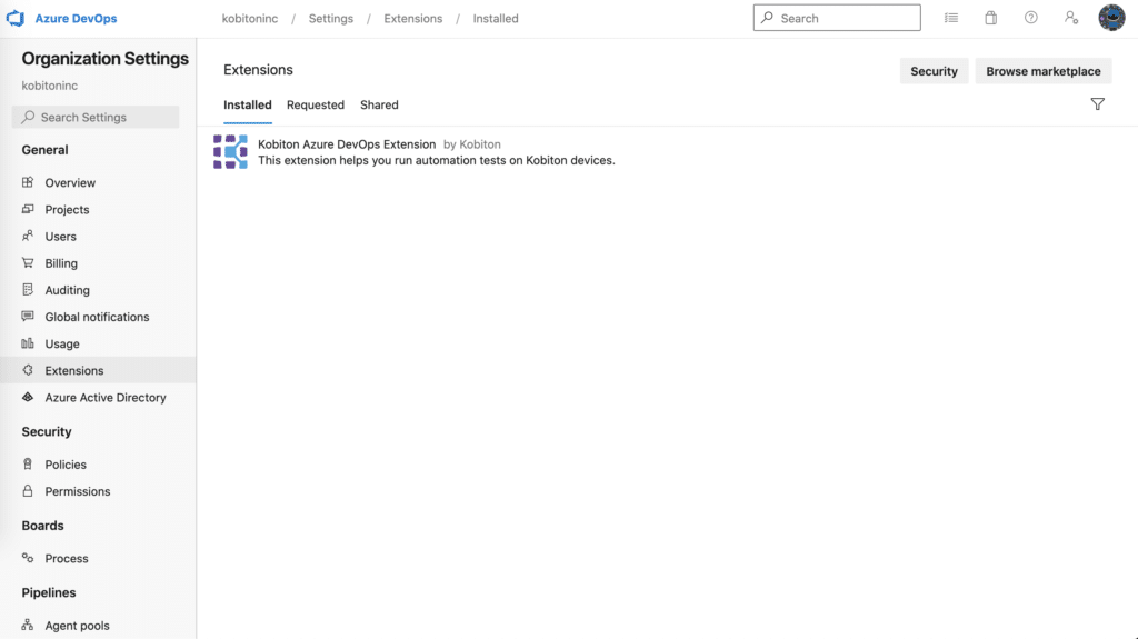Image of Azure DevOps extensions settings