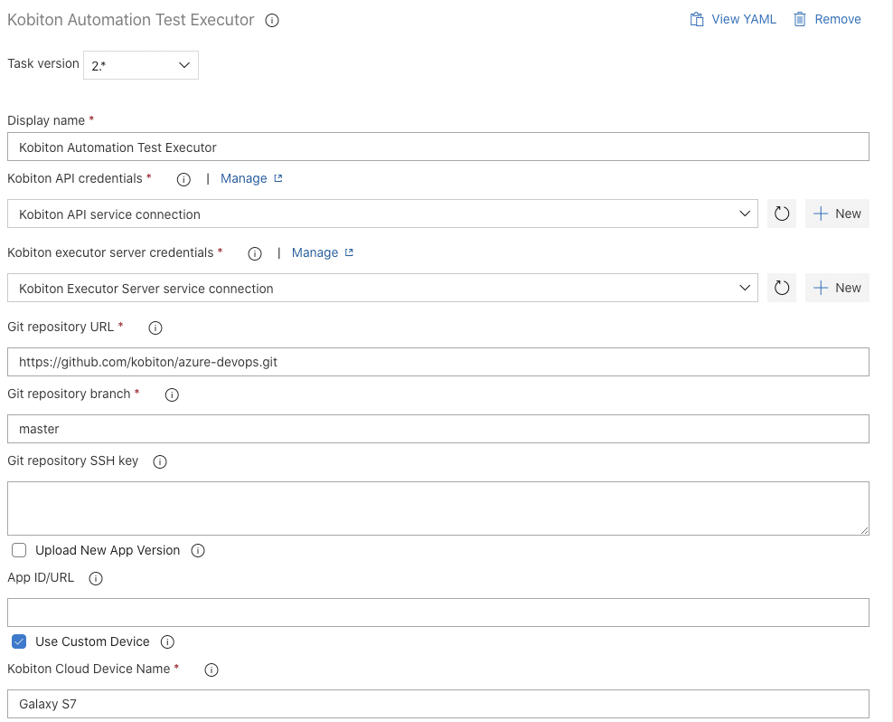 Image of Kobiton Automation Test Executor task 2 required fields filled in