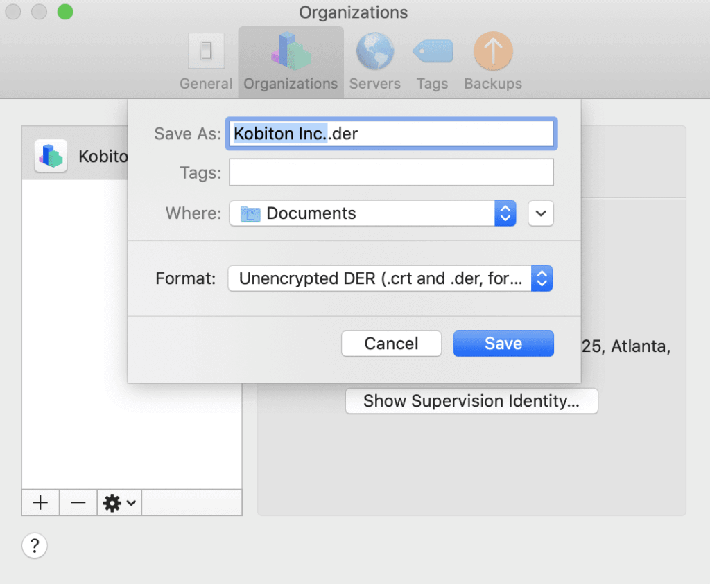 screen shot of export supervision entering a name