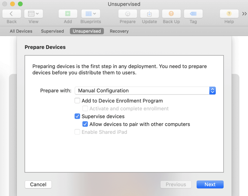 screen shot of prepared devices and manual configuration selection