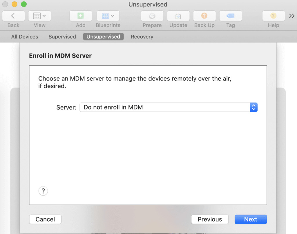 Screen shot MDM server drop down