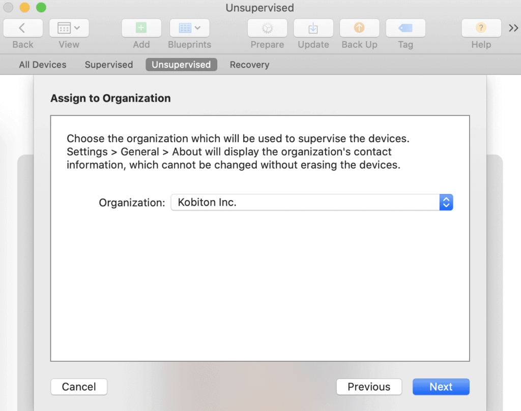 Screen shot of assign to organization selection