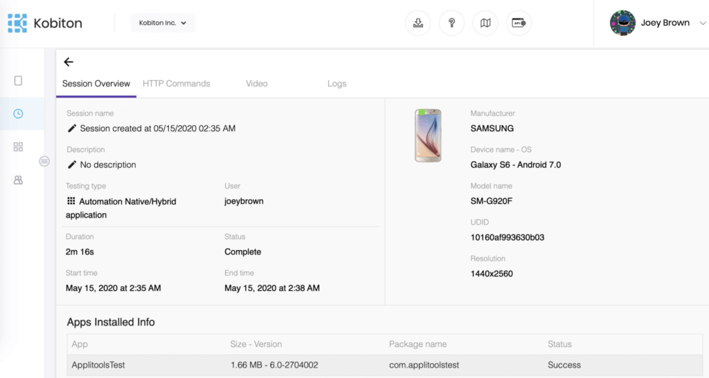 Visual testing session overview hybrid application