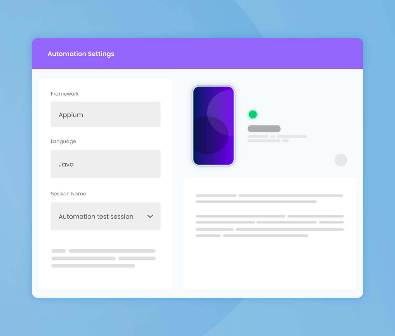 Illustration of mobile app testing automation settings