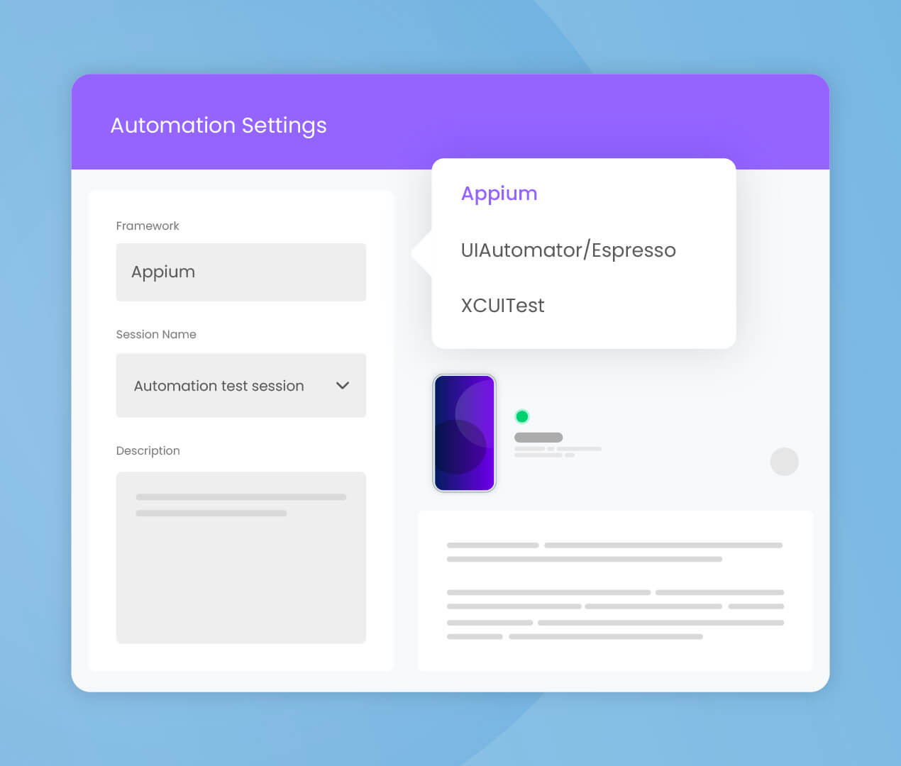 Illustration of Appium, UIAutomator/Espresso, or ACUITest automation testing settings