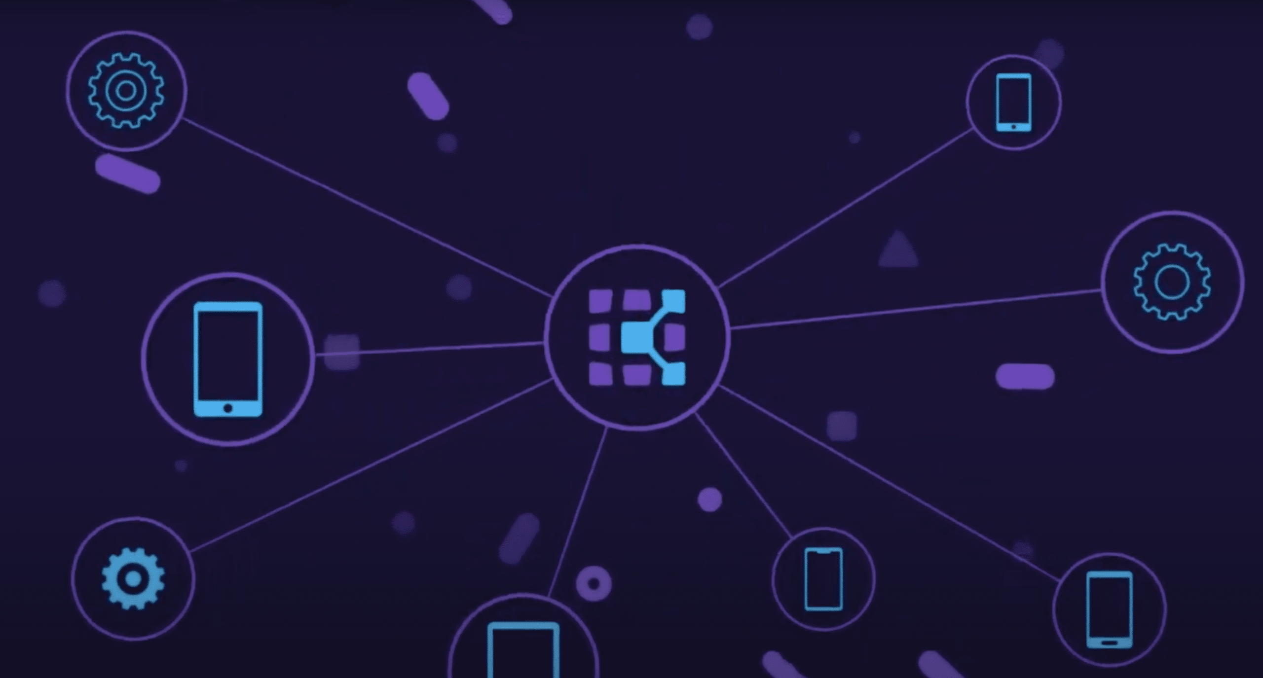 Graphic of mind mapping with kobiton logo in center and setting icons and cell phone graphics in outter circles