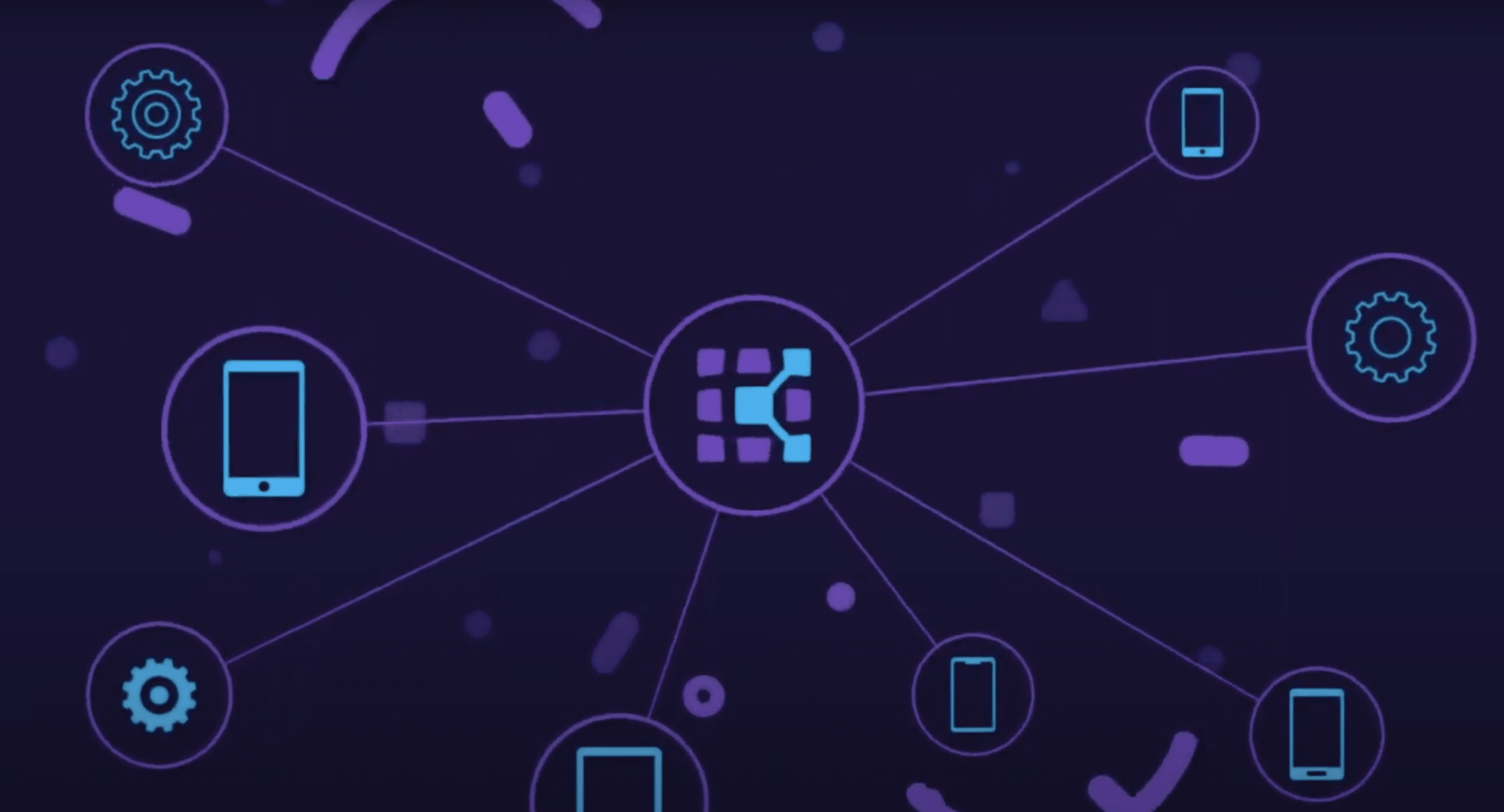 Kobiton logo in center with setting icons and cell phone graphics in outter circles representing mobile app testing and device configuration