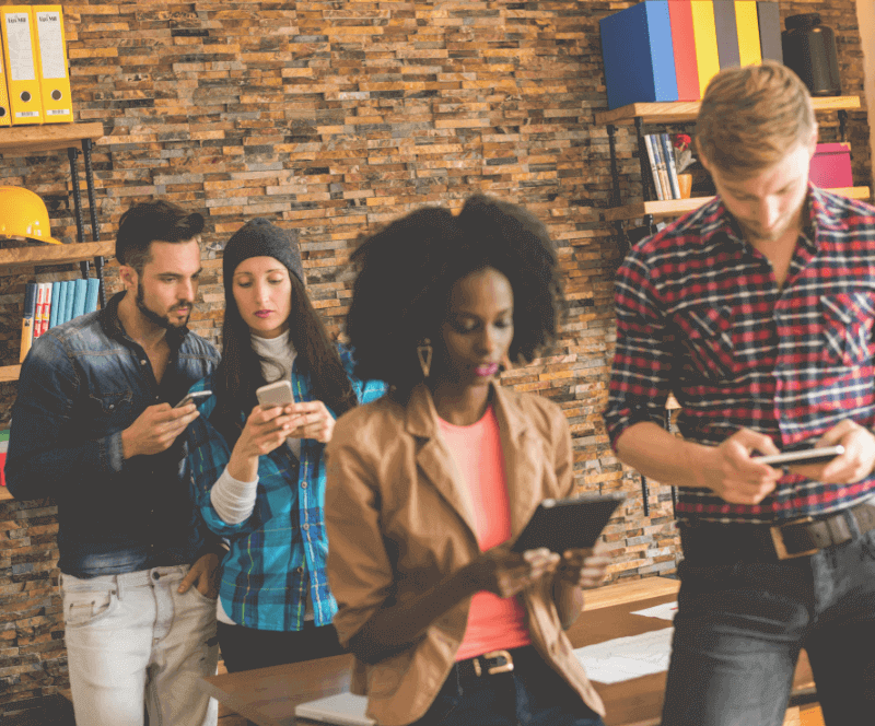 Image of Developers, engineers, and QA testers collaborating on development and device testing