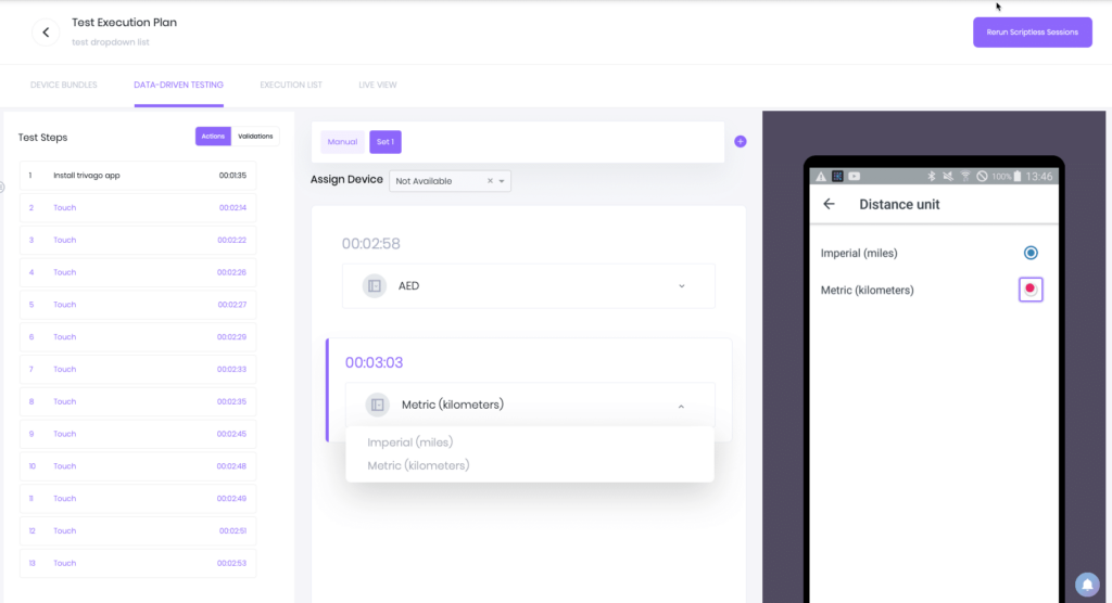 Screen shot of test execution plan data driven testing drop down with the example of changing distance units