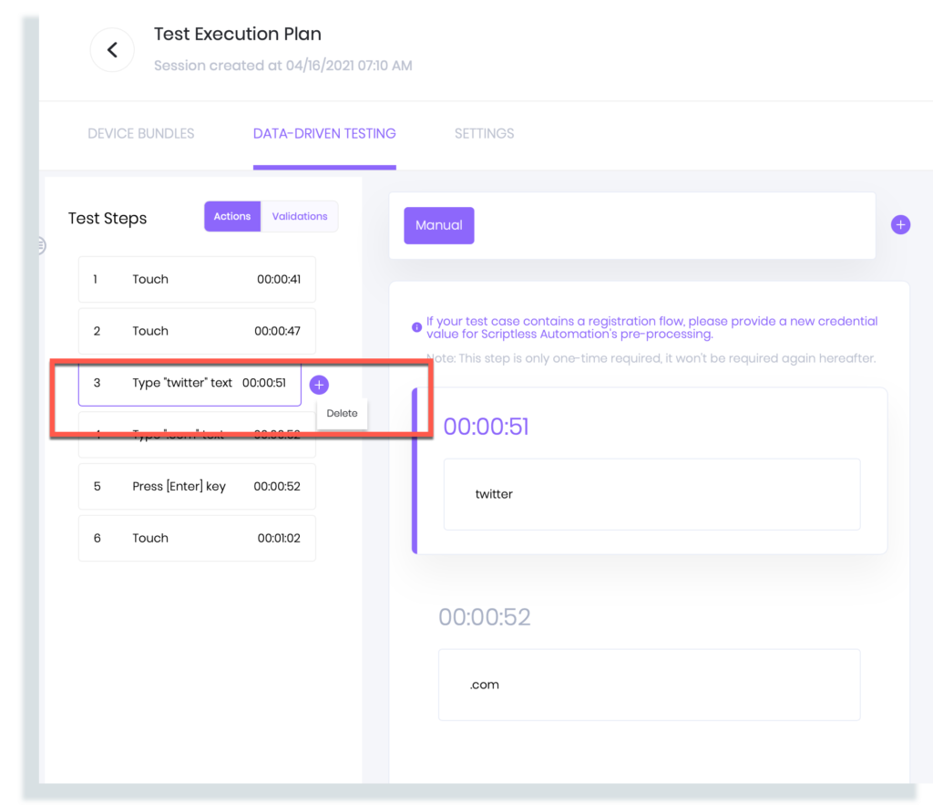 Screen shot of deleting a test step