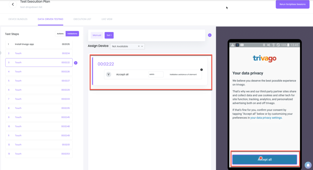 Screen shot of test execution plan data driven testing drop down with the example of accepting all of trivago's data privacy settings