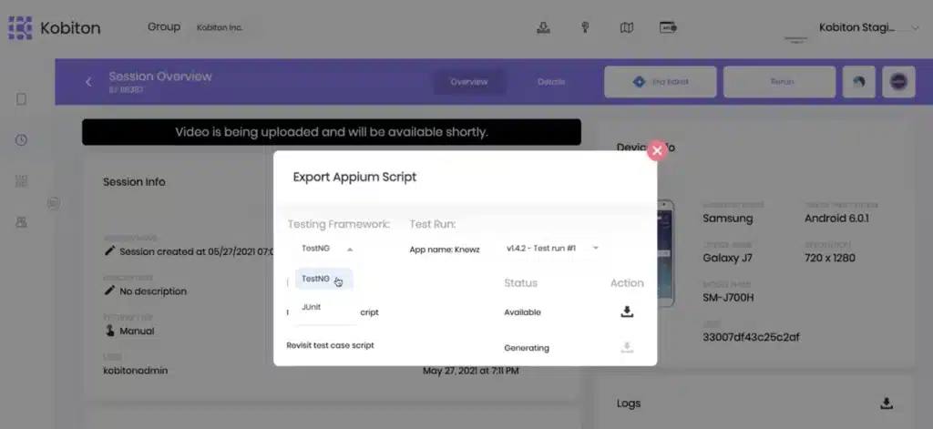 screen shot of enhanced appium export