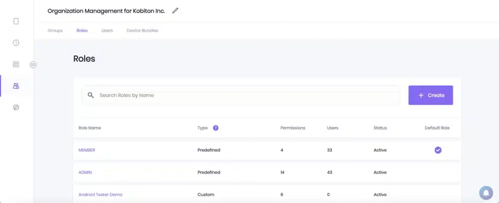 screen shot of kobiton's role-based access control screen