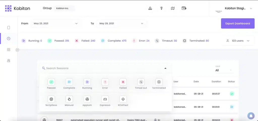 screen shot of enhanced session list