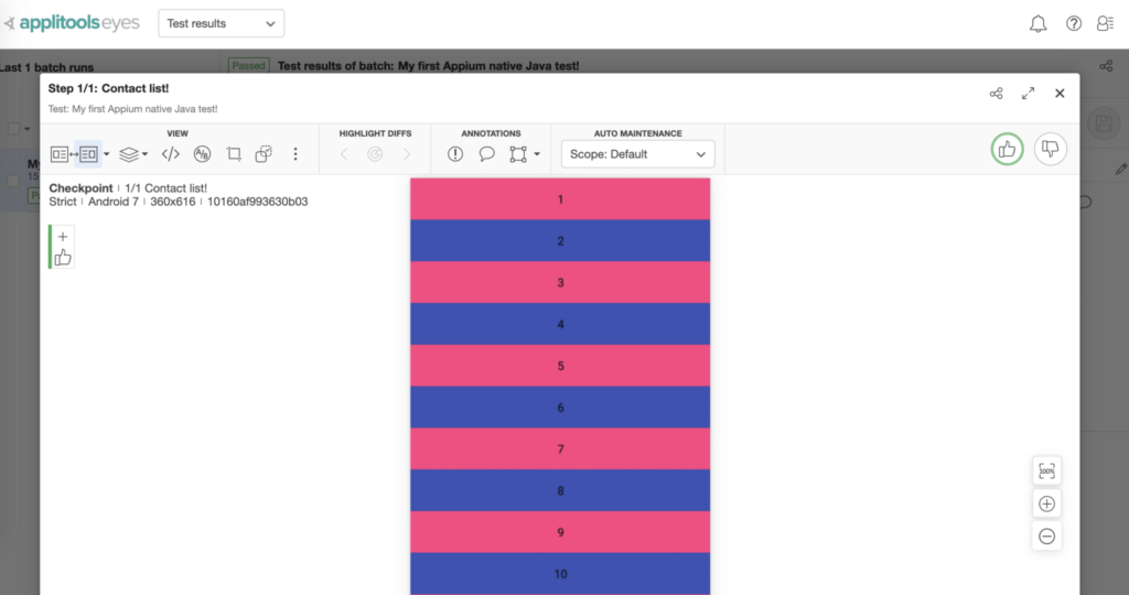 Applitools eyes test manager detailed report of Appium native java test