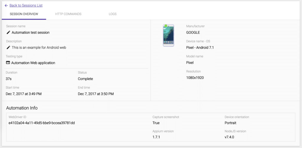 Screen shot of automation test session session overview