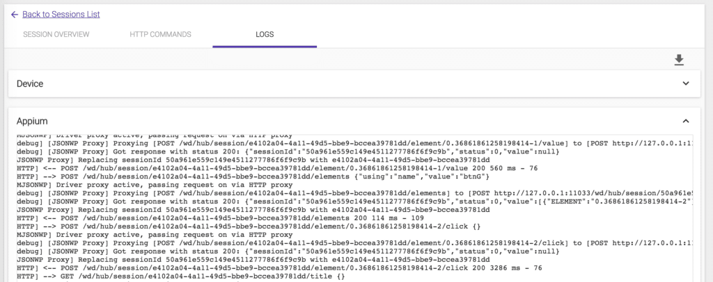 Screen shot of log of session details Appium script 