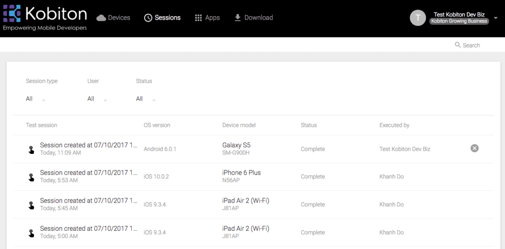 Screen shot of analyzing test session 