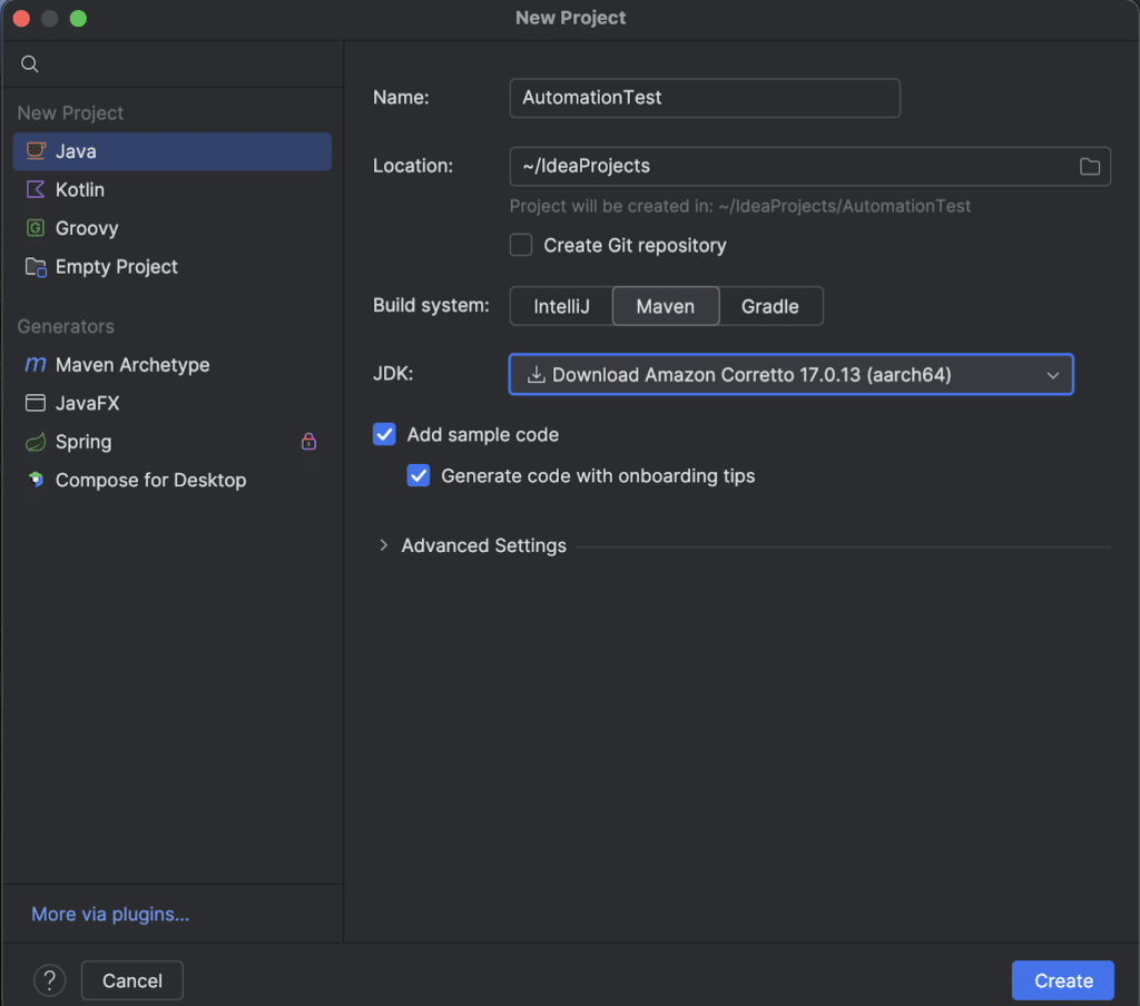 Screenshot showing the 'New Project' window in IntelliJ IDEA where a Maven project is being set up. The project name is 'AutomationTest,' and the build system options include IntelliJ, Maven, and Gradle. The JDK version is set to Amazon Corretto 17, with options to add sample code and generate code with onboarding tips
