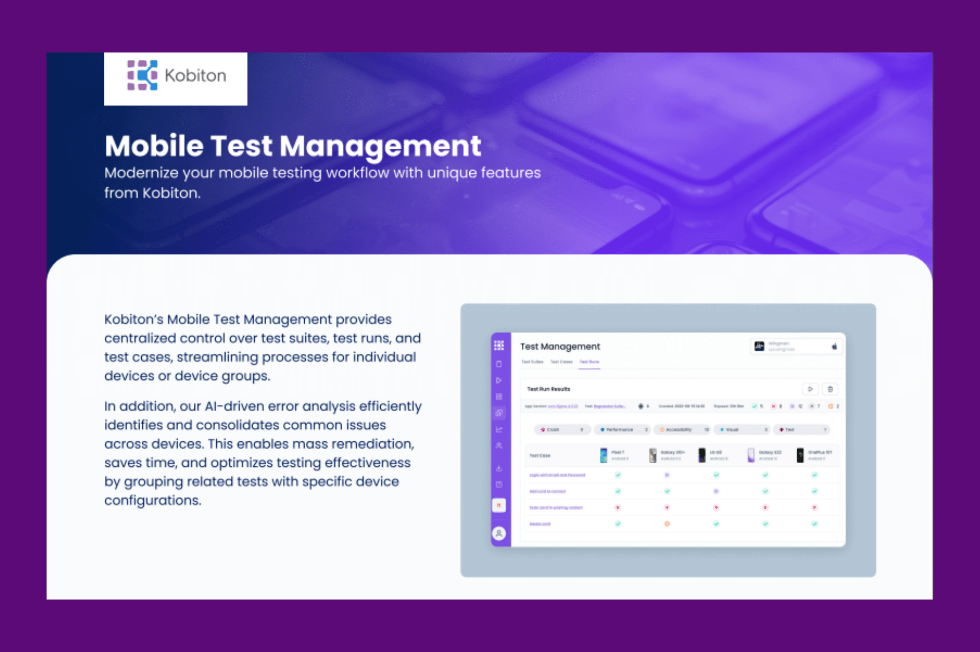 Mobile Test Management dashboard showing centralized planning, execution, and reporting of mobile app testing across real devices