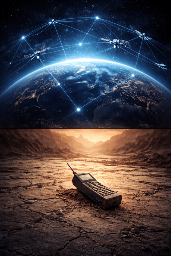 Illustration showing a sophisticated satellite constellation above and an unused satellite phone on cracked ground below, representing the gap between advanced technology and missing ground infrastructure.
